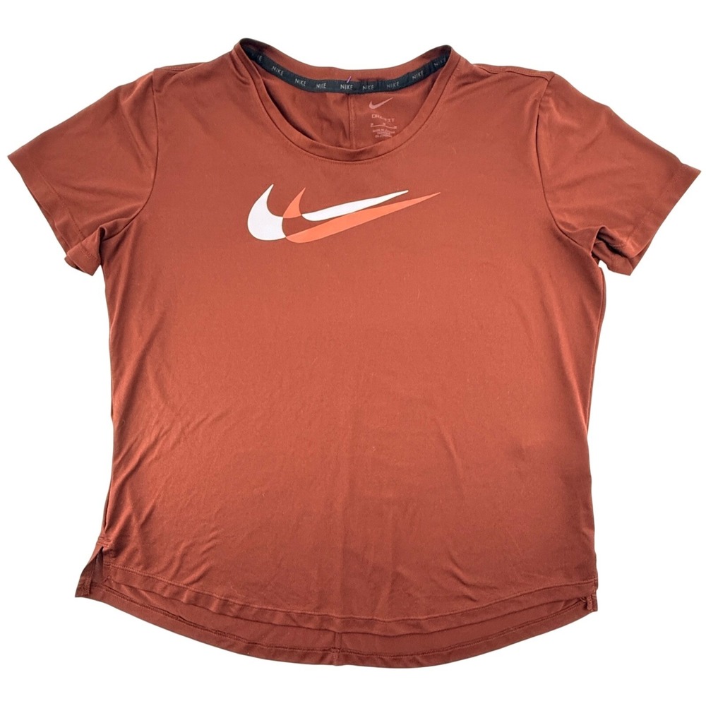 Nike Dri-Fit Shirt Women Medium Brown Short Sleeve Athletic Training Swoosh Logo